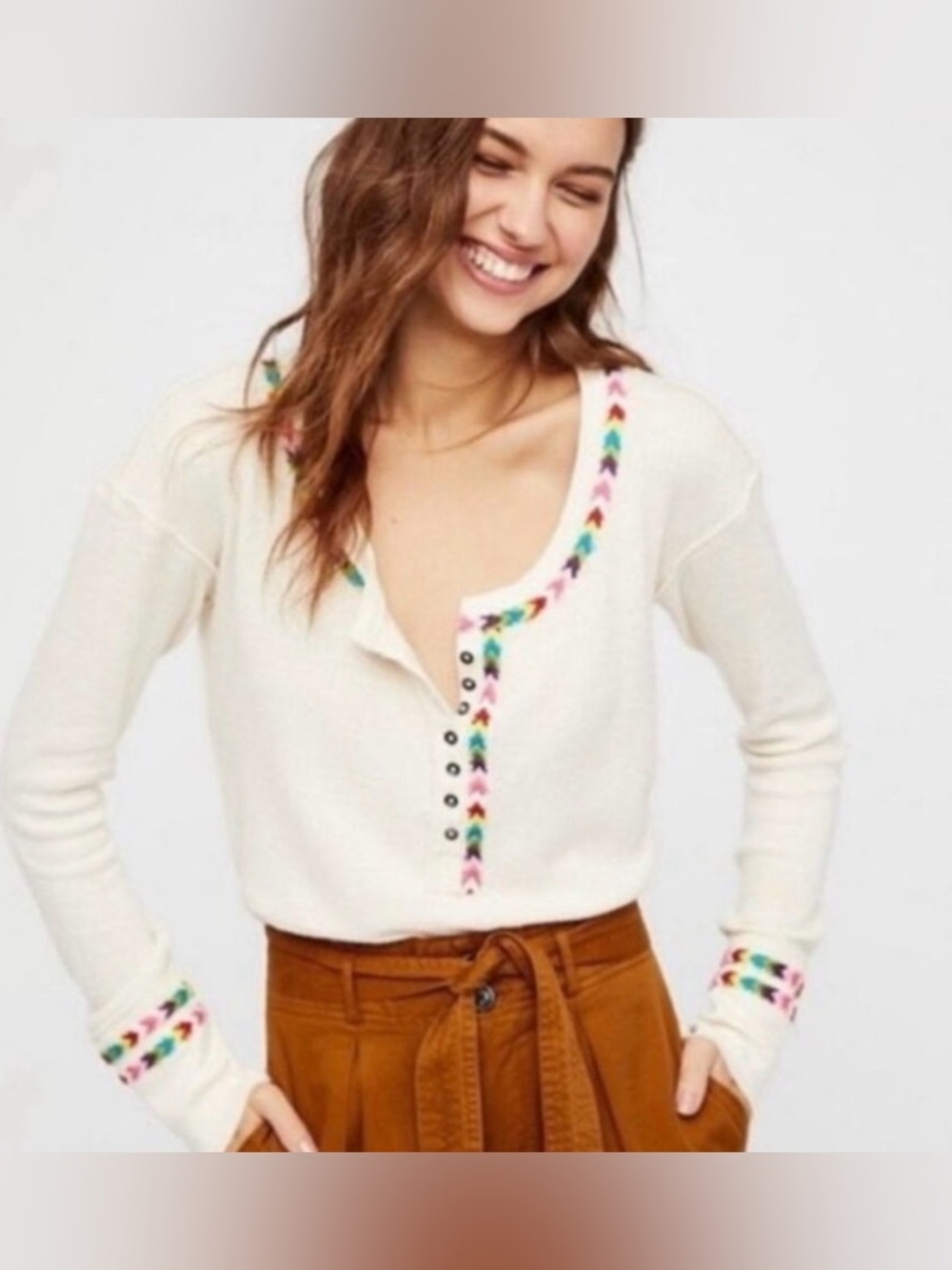 We the free + - Cream Long-Sleeve Henley Top with rainbow Embroidery